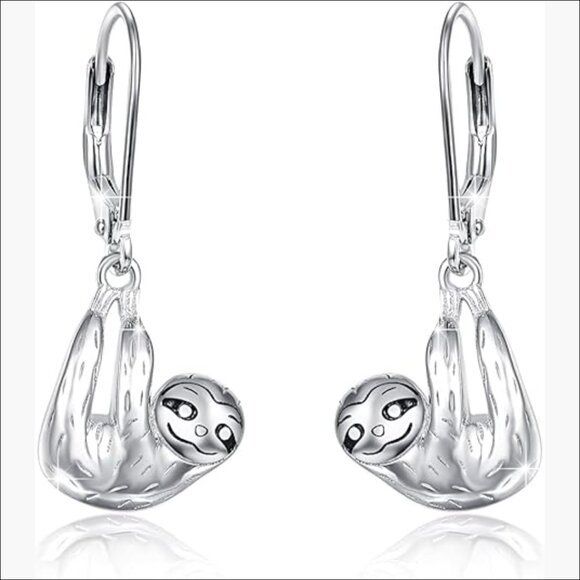 Sterling Silver Sloth Dangle Earrings Hypoallergenic Leverback